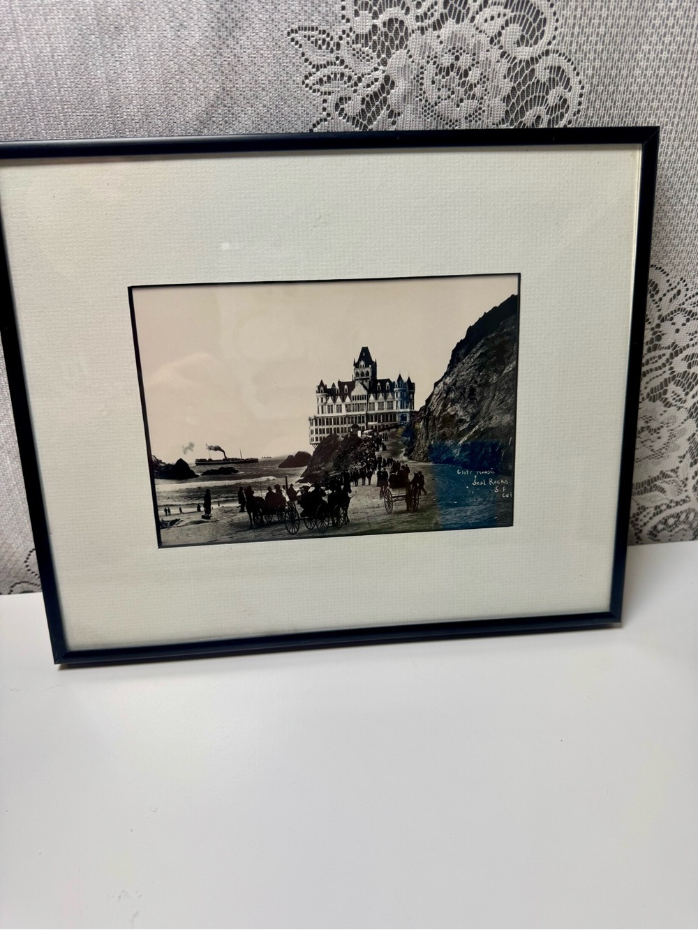 Vintage San Francisco Cliff House Seal Rocks Framed Sepia Photo Print Historic